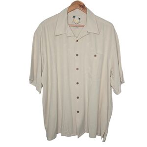 Banana Cabana Mens Oatmeal Palm Tree Print Short Sleeve Silk Hawaiian Shirt XXL